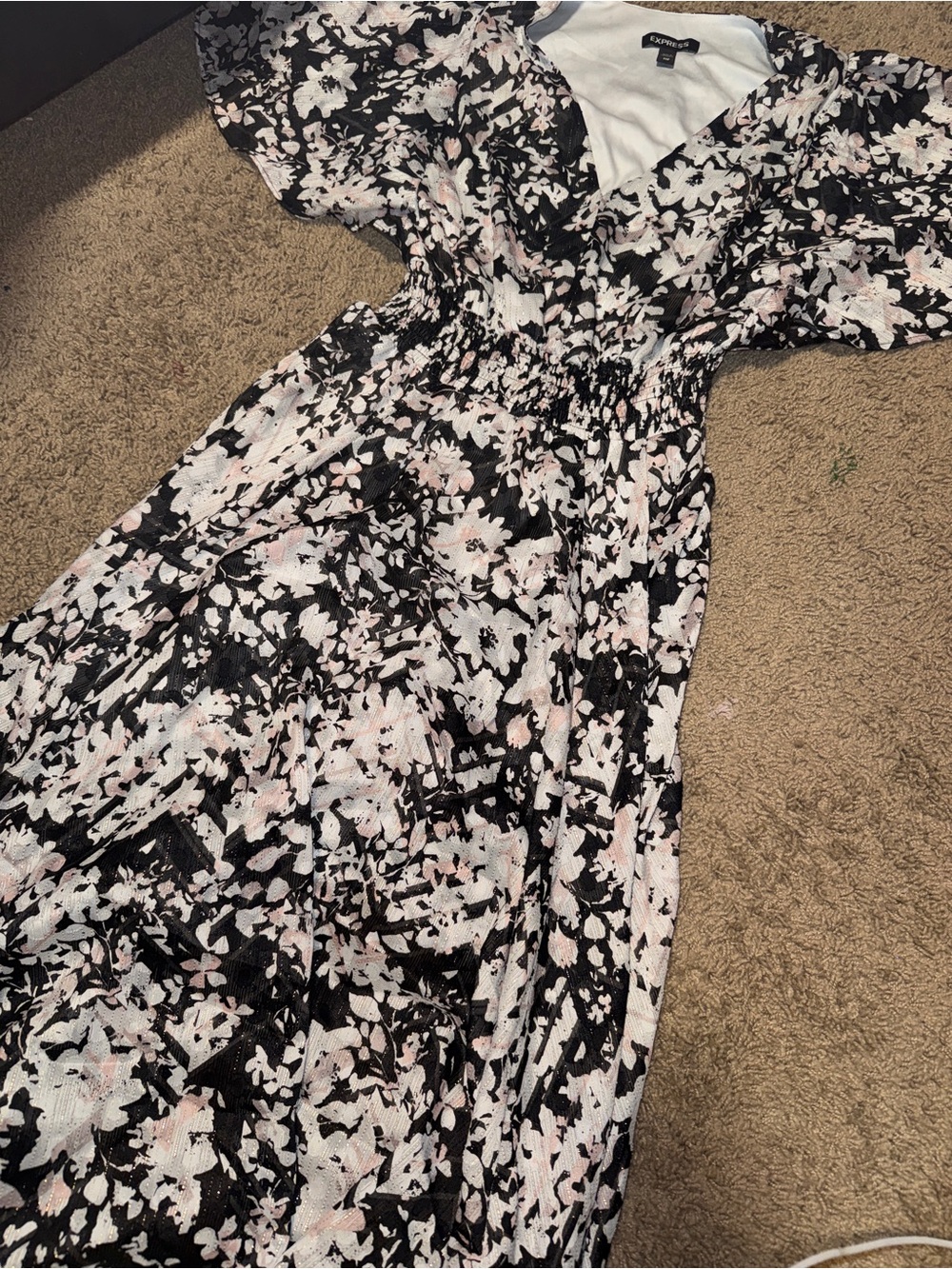 Express Black and Light Pink Floral V-Neck Maxi Dress